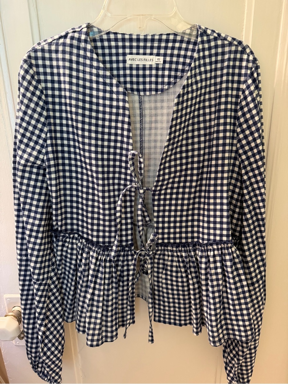 Avec Les Filles Navy and White Gingham Tie-Front Peplum Blouse